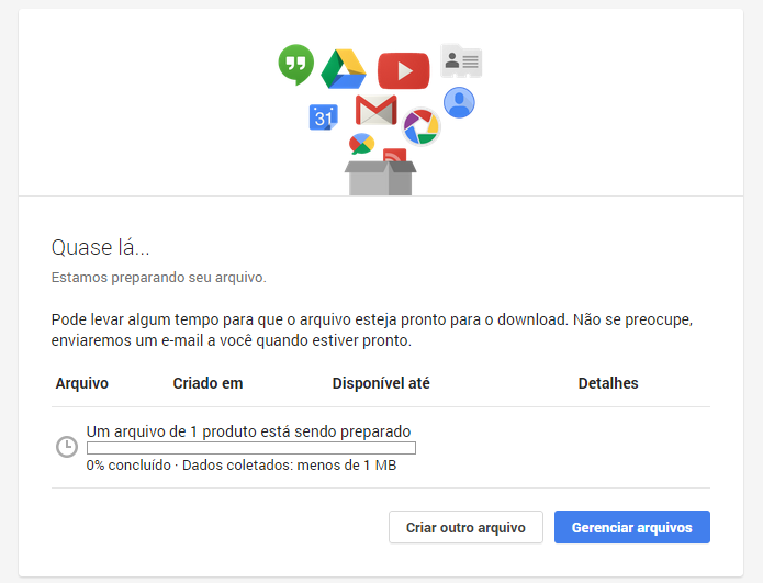 Criação de arquivo demora de acordo com a quantidade de dados (foto: Reprodução/Google Takeout)
