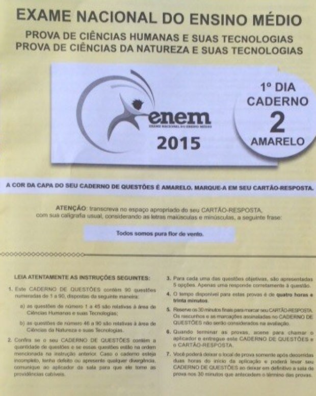 Capa amarela da prova do Enem 2015 (Foto: Reprodução)