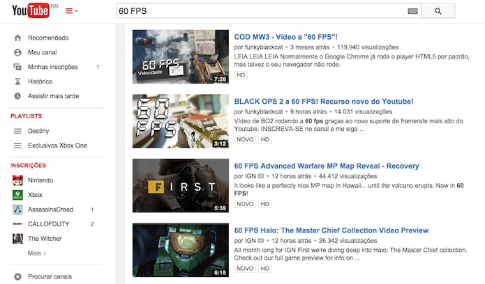 Busca do YouTube já apresenta milhares de vídeos com 60 FPS (Reprodução)
