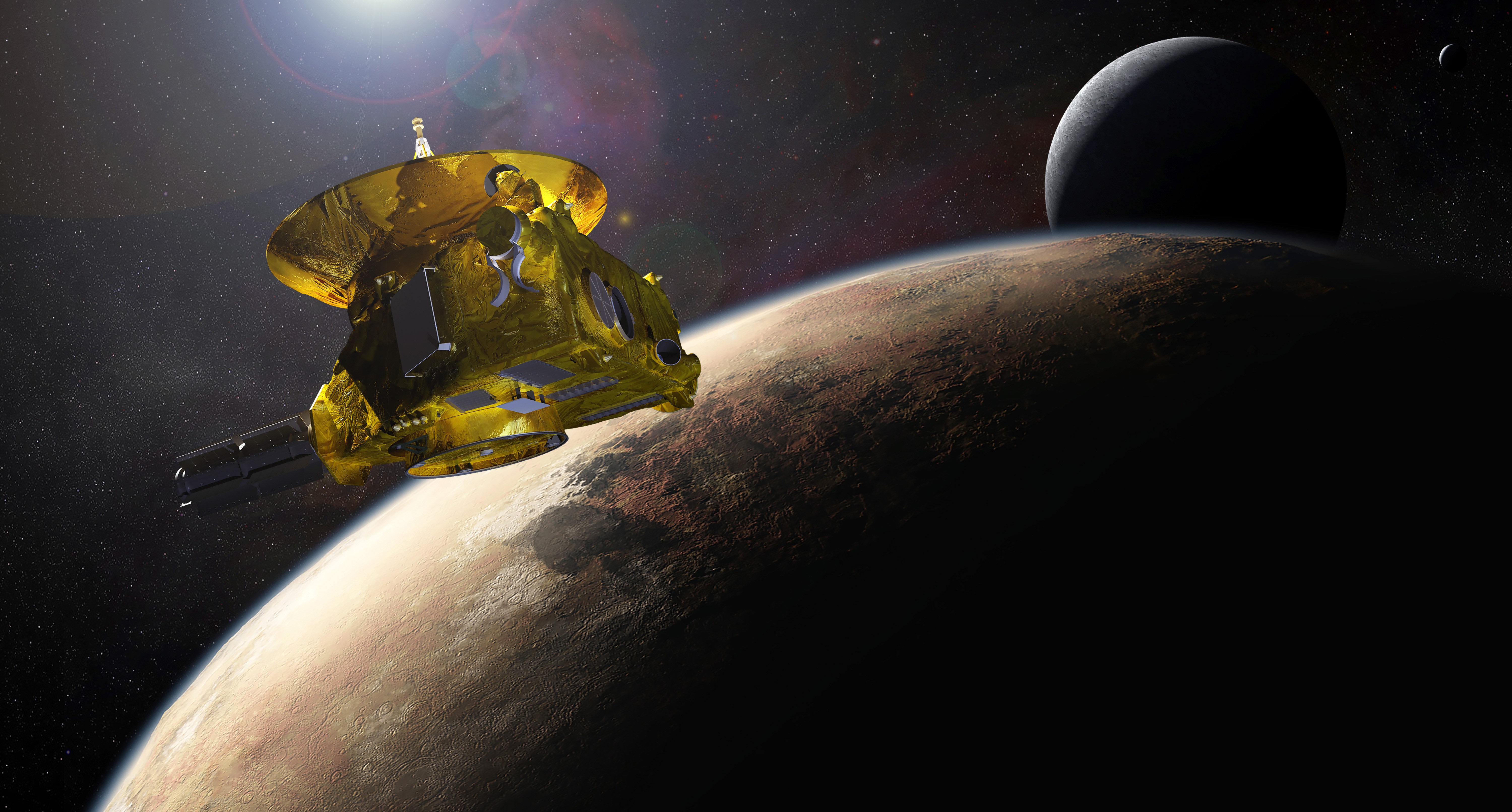 Concepção artística da sonda New Horizons se aproximando do sistema plutoniano (Foto: NASA)