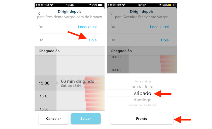 Configurando a data do percurso planejado no Waze para iPhone (Foto: Reprodução/Marvin Costa)