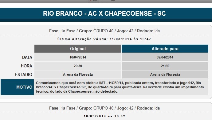 CBF remarca jogo Rio Branco x Chapecoense para o dia 9 de abril (Foto: Reprodução/Site da CBF)