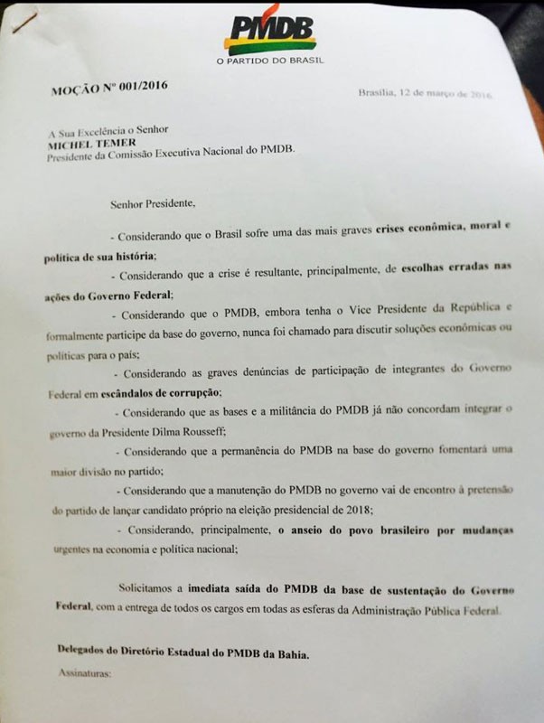 A moção aprovada pelo diretório nacional do PMDB (Foto: Reprodução)