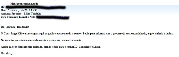 E-mail enviado por assessor ao desembargador Tourinho Neto, que o encaminhou por engano para a Ajufe (Foto: Reprodução)