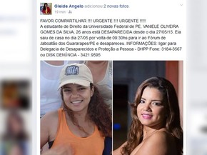 Vaniela Oliveira estuda direito na UFPE e está desaparecida desde o dia 27 de maio (Foto: Reprodução / Facebook)