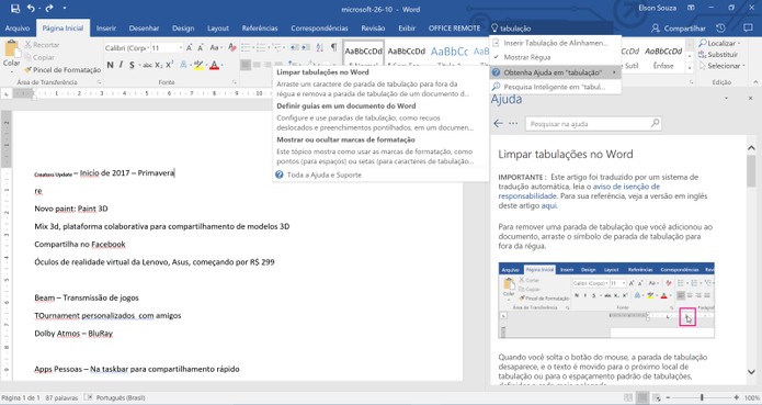 Diga-me pode procurar ajuda sobre aplicativos do Office 2016 (Foto: Reprodução/Elson de Souza)