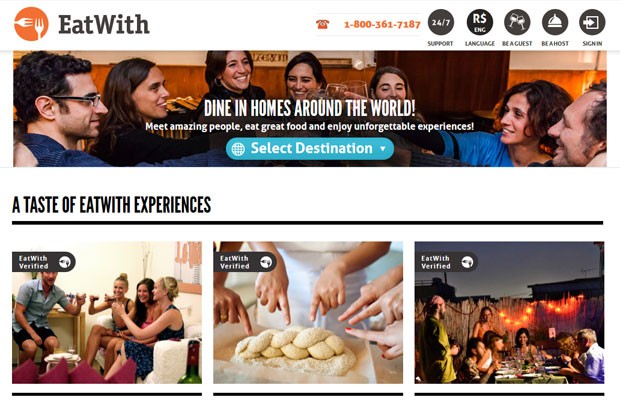 Página inicial do 'EatWith' que oferece experiências gastronômicas em 11 países, incluindo o Brasil. (Foto: Reprodução/EatWith)