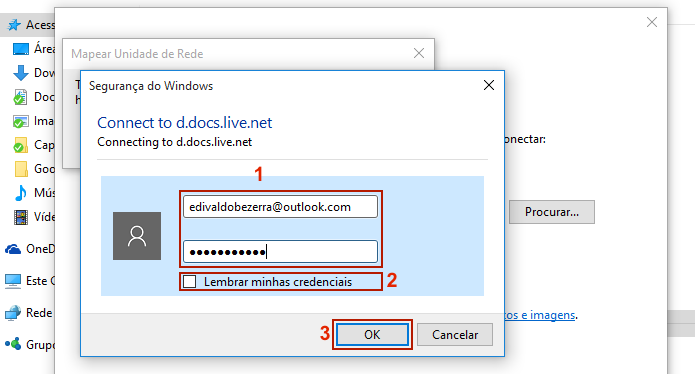 Digitando as credenciais da conta OneDrive (Foto: Reprodução/Edivaldo Brito)