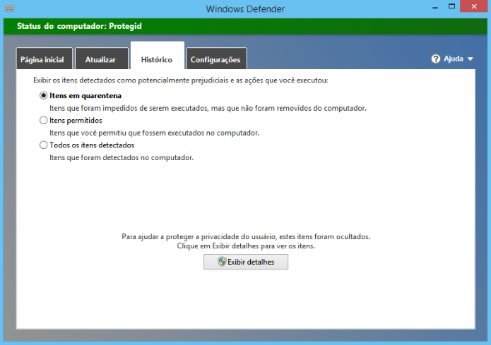 Visualizando histórico do Windows Defender (Foto: Reprodução/Helito Bijora)