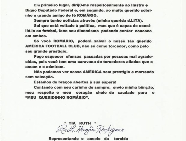 Carta que tia Ruth, torcedora do America, escreveu para o Romário (Foto: Reprodução internet)