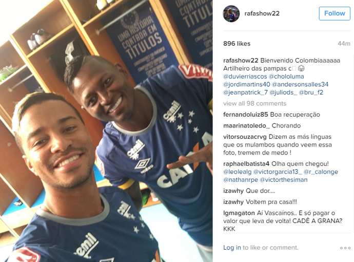 Rafael Silva, atacante do Cruzeiro, posta foto com Riascos no Instagram (Foto: Reprodução/Instagram)