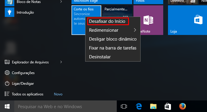 Removendo blocos do menu Iniciar do Windows 10 (Foto: Reprodução/Edivaldo Brito)