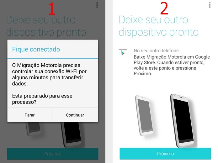 À esquerda, caixa de diálogo para confirmar controle do Migrate sobre conexão Wi-Fi. À direita, tela para preparação do outro dispositivo (Foto: Reprodução/Raquel)