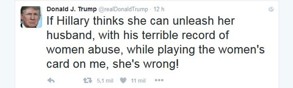Tuíte de Donald Trump acusa Bill Clinton de 'terrível histórico de abuso de mulheres' (Foto: Reprodução/Twitter/Donald Trump) Tuíte de Donald Trump acusa Bill Clinton de 'terrível histórico de abuso de mulheres' (Foto: Reprodução/Twitter/Donald Trump)