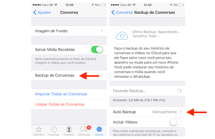 Acessando a opções para backup de conversas no WhatsApp para iPhone (Foto: Reprodução/Marvin Costa)