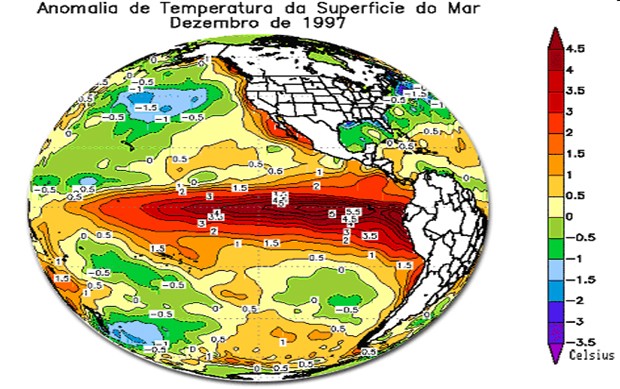 Anomalia de temperatura da superfície do mar em dezembro de 1997 (Foto: Climatologia UFF)