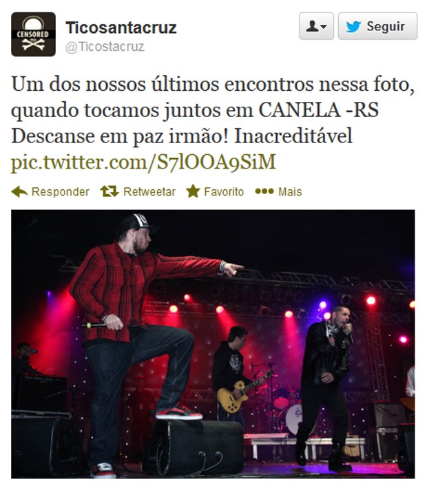 Vocalista do Detonautas postou foto com Chorão de show no RS (Foto: Reprodução) Vocalista do Detonautas postou foto com Chorão de show no RS (Foto: Reprodução)