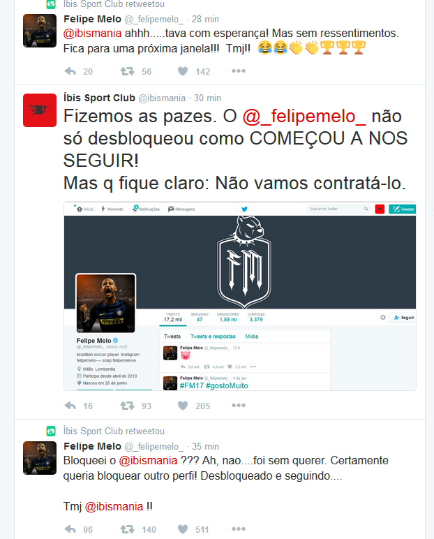 Íbis e Felipe Melo fazem as pazes no Twitter (Foto: Reprodução / Twitter)