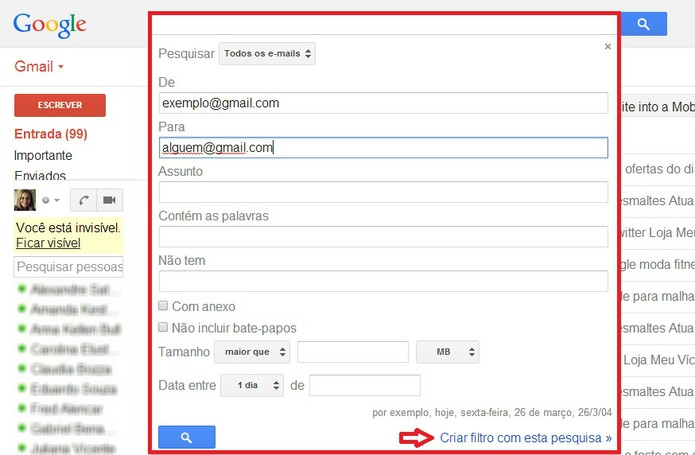 Especificações de filtro no Gmail (Foto: Foto: Reprodução/ Marcela Vaz)