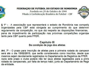 Regulamento da FFER diz que clubes teriam até dia 15 de fevereiro para inscrever os jogadores (Foto: Regulamento FFER/Divulgação)