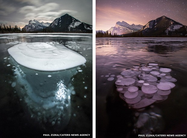 Gelo formado por gás metano em lago congelado no Canadá (Foto: Paul Zizka/Caters News)