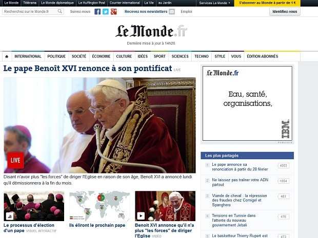 O site do jornal francês 'Le Monde' está fazendo uma cobertura em tempo real da renúncia do Papa Bento XVI (Foto: Reprodução/Le Monde)