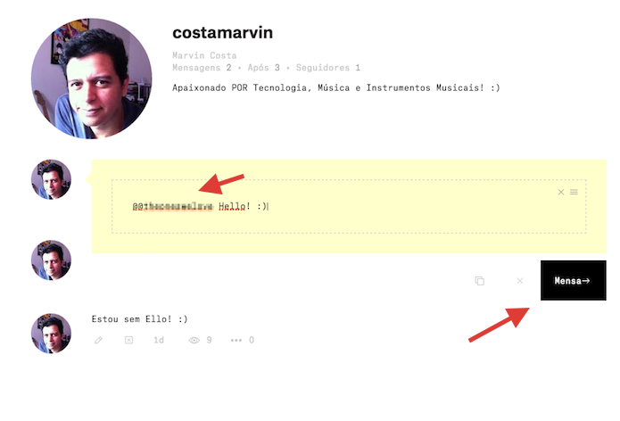 Enviando uma mensagem privada no Ello (Foto: Reprodução/Marvin Costa)