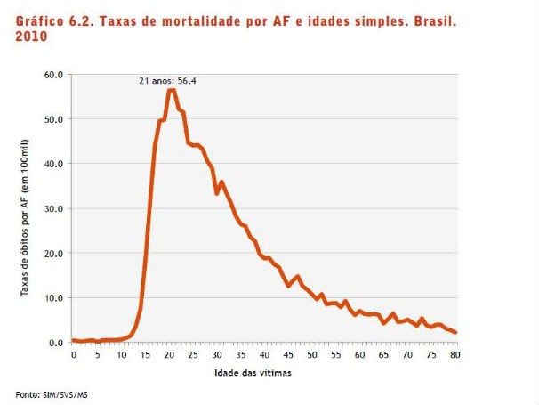 Taxas de mortalidade por armas de fogo e idades simples. Brasil. (Foto: Divulgação / Centro Brasileiro de Estudos Latino-Americanos - CEBELA)