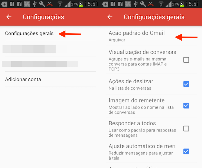 Caminho para acessar as configurações de deslizar com os dedos no Gmail para Android (Foto: Reprodução/Marvin Costa)