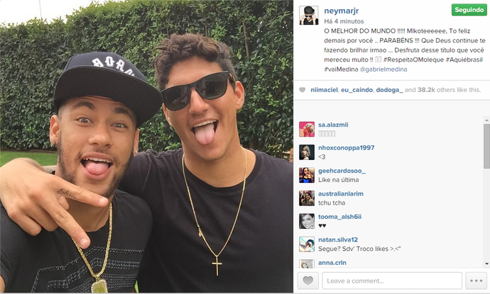 Neymar homenagem Gabriel Medina titulo mundial (Foto: Reprodução/Instagram)