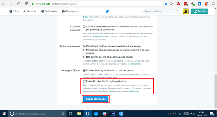 Desative as confirmação de mensagens do Twitter e salve as alterações (Foto: Reprodução/Elson de souza)