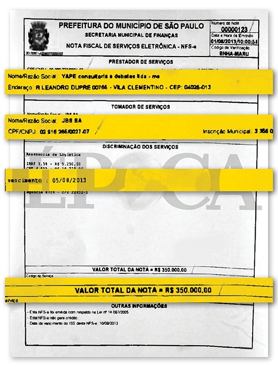Nota fiscal de pagamento a empresa de irmão do ministro Gilberto Kassab feito pela JBS para repassar propina (Foto: Reprodução)