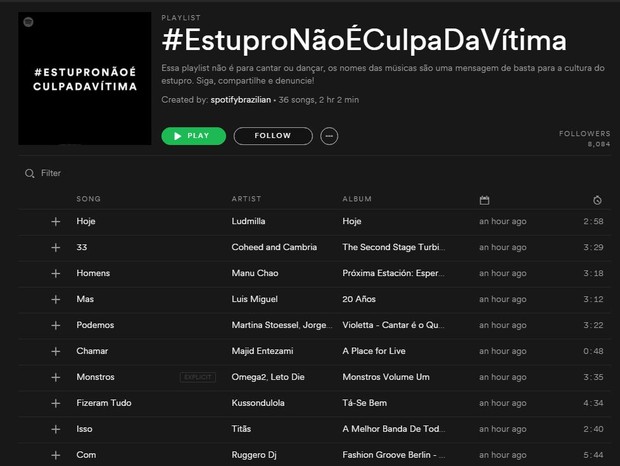Spotify cria playlist sobre o caso de estupro coletivo no Rio (Foto: Reprodução)