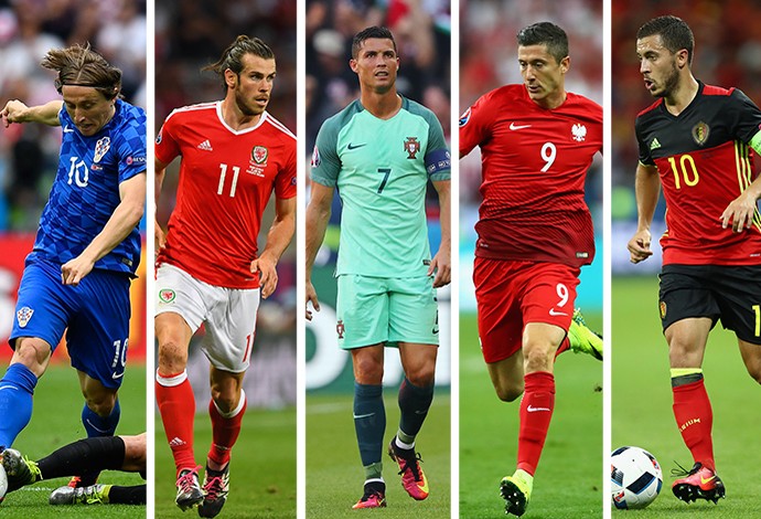 MONTAGEM -Cristiano Ronaldo (Portugal), Hazard (Bélgica), Modric (Croácia), Bale (País de Gales) e Lewandowski (Polônia). (Foto: Editoria de Arte)
