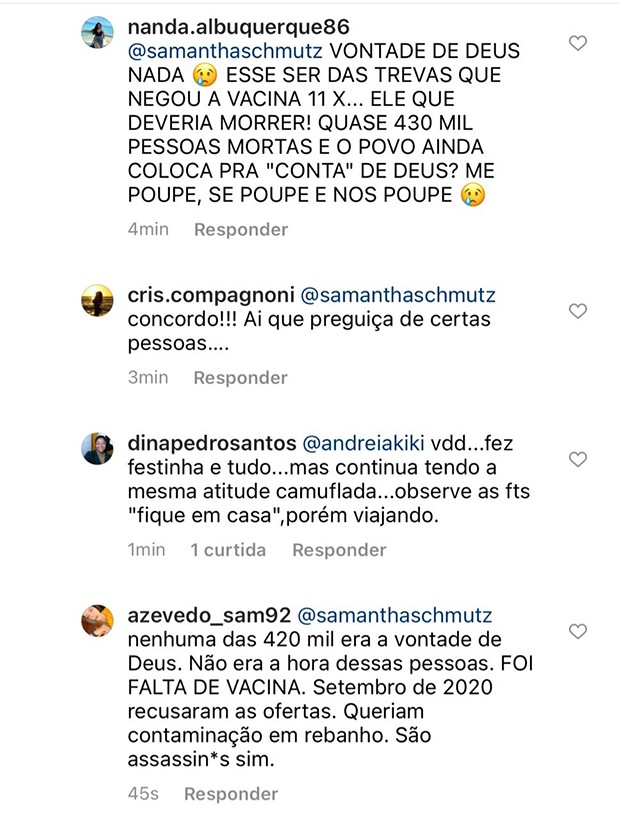 Samantha Schmütz rebate comentário de Gabriela Pugliesi sobre morte de Paulo Gustavo (Foto: Reprodução/ Instagram)