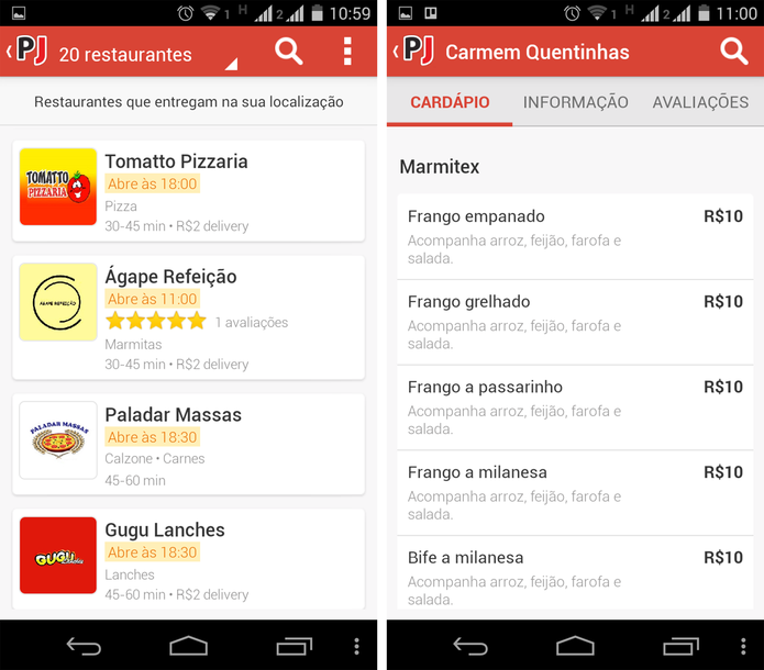 Seleção de restaurantes no PedidosJá (Foto: Reprodução/ Marcela Vaz)