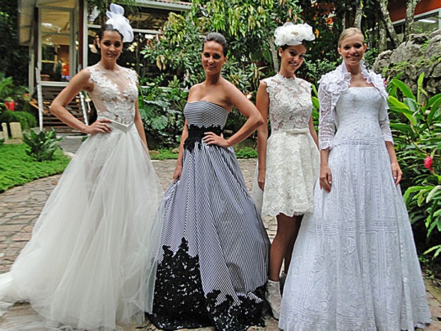 Rendado, curto, tradicional: modelos posam de vestidos de noiva no jardim do Mais Você2 (Foto: Mais Você / TV Globo)