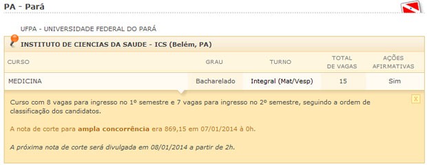 Site do Sisu mostra a nota de corte do curso de medicina da Universidade Federal do Pará (Foto: Reprodução/Inep)