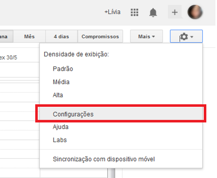 Atalho para as configurações do Google Agenda (Foto: Reprodução/Lívia Dâmaso)