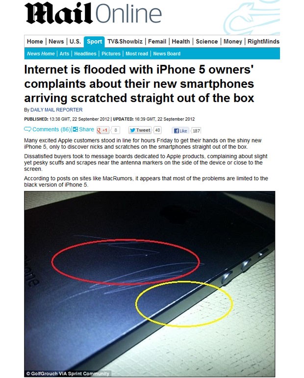Imagem do "Daily Mail" mostra iPhone 5 riscado (Foto: Reprodução/"Daily Mail")