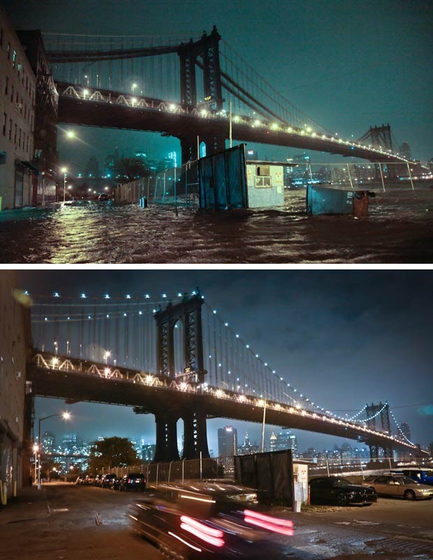 Vista da Ponte de Manhattan, com a margem do Brooklyn alagada, em 29 de outubro de 2012 e na semana passada. Ao fundo, prédios de Manhattan (Foto: Bebeto Mattews/AP)