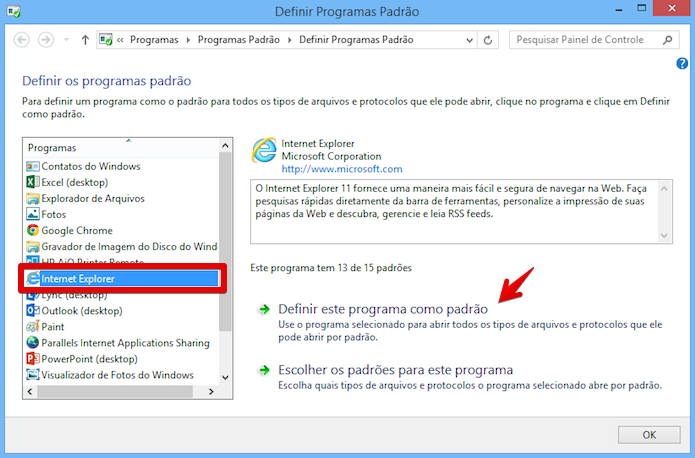 Definindo o IE como navegador padrão do sistema (Foto: Reprodução/Helito Bijora) 