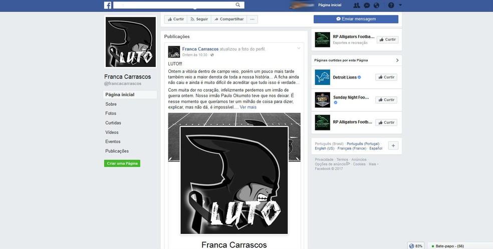Página oficial do time Franca Carrascos Football fez homenagem a Paulo Okumoto (Foto: Reprodução/Facebook)
