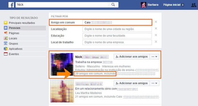 Os resultados serão filtrados mostrando apenas pessoas com o amigo em comum (Foto: Reprodução/Barbara Mannara)