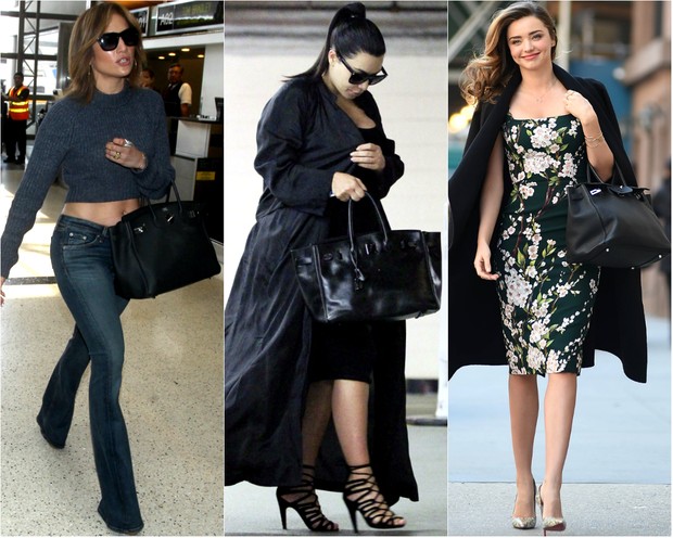 Jennifer Lopez, Kim Kardashian e Miranda Kerr com a bolsa Birkin, da Hermès (Foto: AKM Gsi-Brasil | Grosby Group)