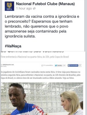 Na internet, Nacional critica vacinação no Corinthians e dispara: 