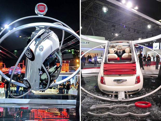 Antes e depois do 500 suspenso que despencou da estrutura no estande da Fiat no Salão de São Paulo 2014 (Foto: Alan Morici/G1)