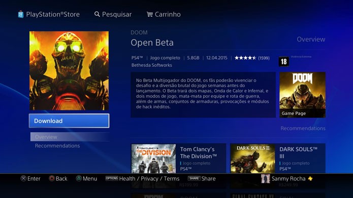 Procure pelo Doom Beta na PlayStation Store e clique em download (Foto: Reprodução/Tais Carvalho)