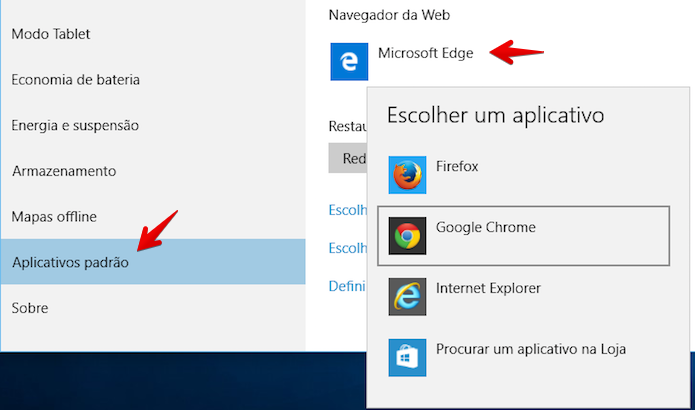Selecionando o navegador padrão do Windows 10 (Foto: Reprodução/Helito Bijora) 