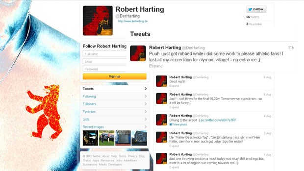 Conta no Twitter do alemão Robert Harting (Foto: Reprodução/Twitter)